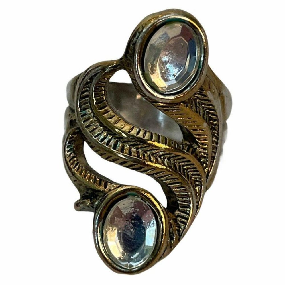 Scrolled Gold Tone Fashion Ring Cabichon Clear